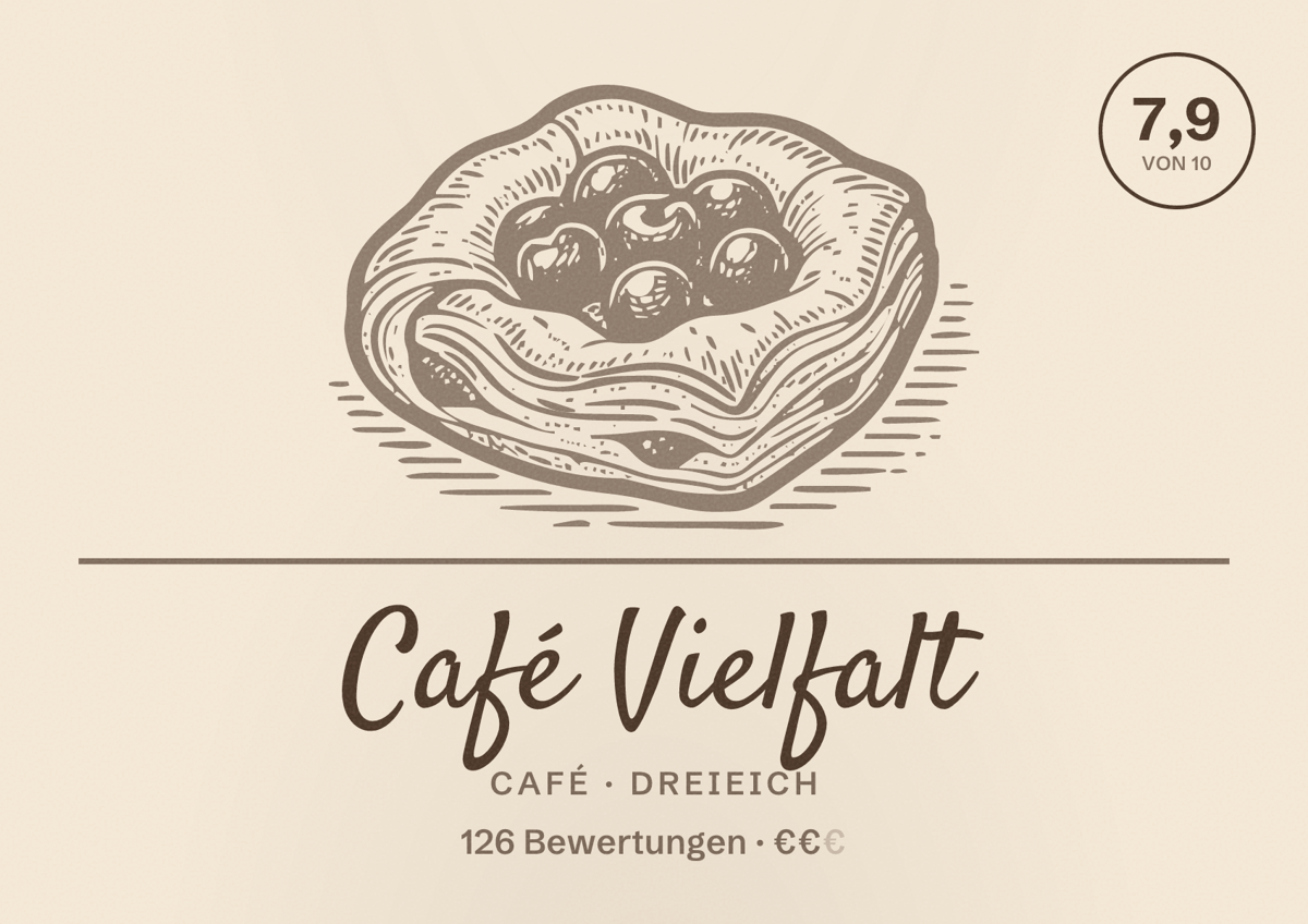 Illustriertes Poster von Café Vielfalt, Café in Dreieich: Bewertung 7,9 von 10 aus 126 Bewertungen, Preisniveau €€