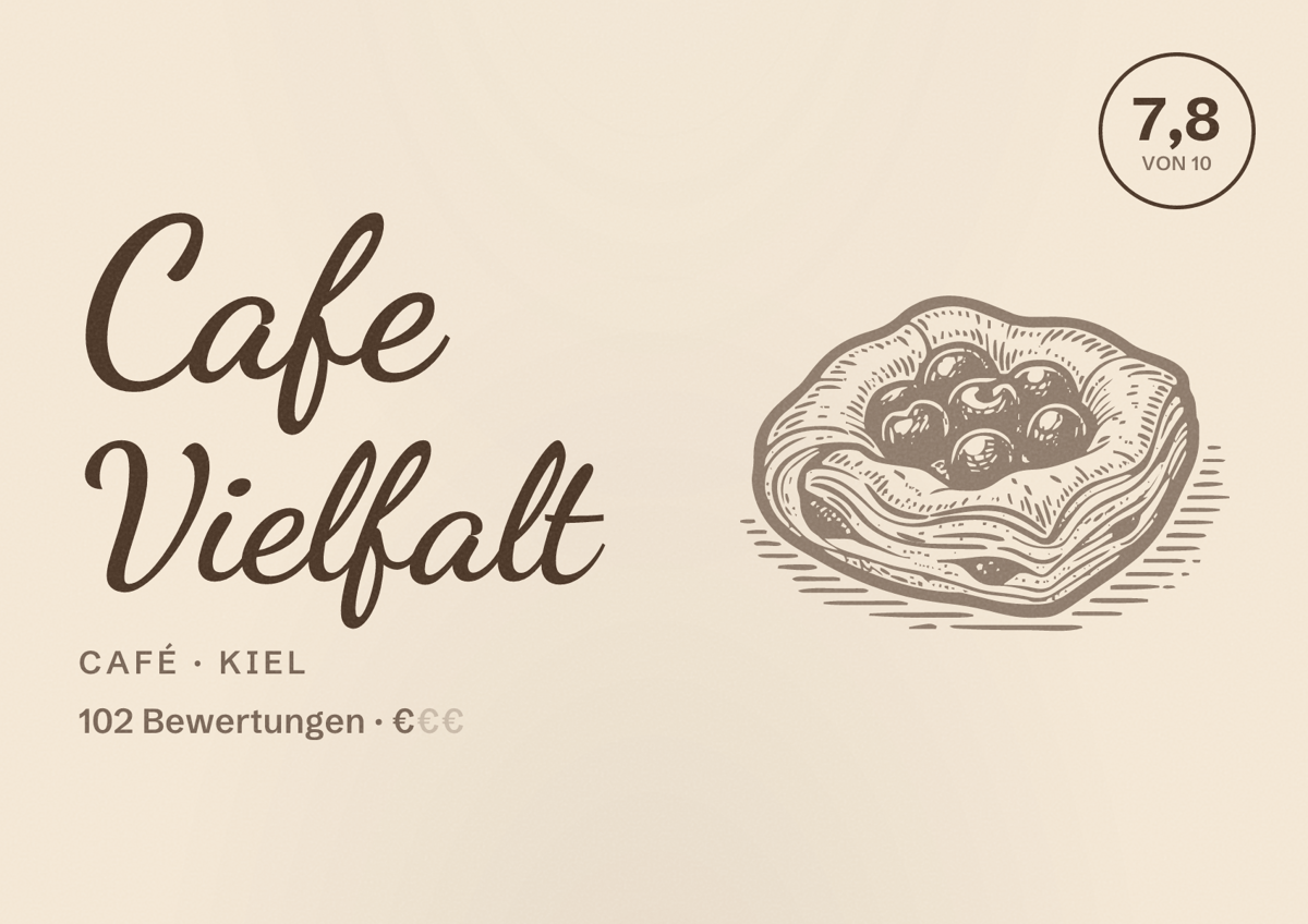 Illustriertes Poster von Cafe Vielfalt, Café in Kiel: Bewertung 7,8 von 10 aus 102 Bewertungen, Preisniveau €