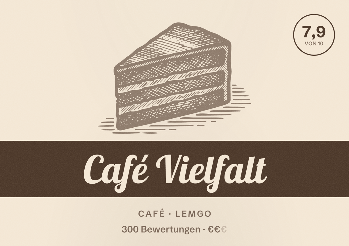 Illustriertes Poster von Café Vielfalt, Café in Lemgo: Bewertung 7,9 von 10 aus 300 Bewertungen, Preisniveau €€