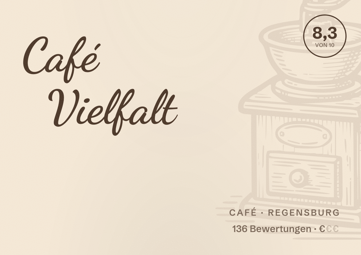 Illustriertes Poster von Café Vielfalt, Café in Regensburg: Bewertung 8,3 von 10 aus 136 Bewertungen, Preisniveau €