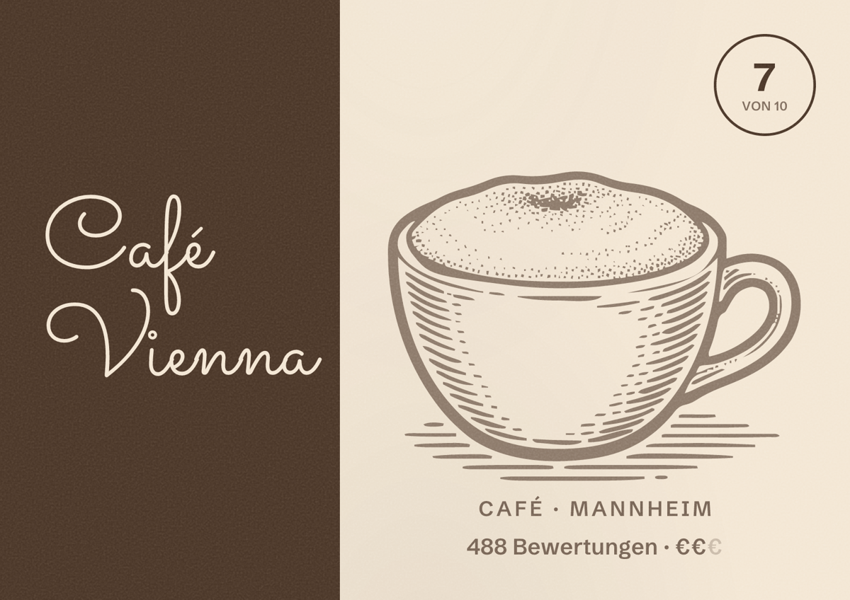 Illustriertes Poster von Café Vienna, Café in Mannheim: Bewertung 7 von 10 aus 488 Bewertungen, Preisniveau €€