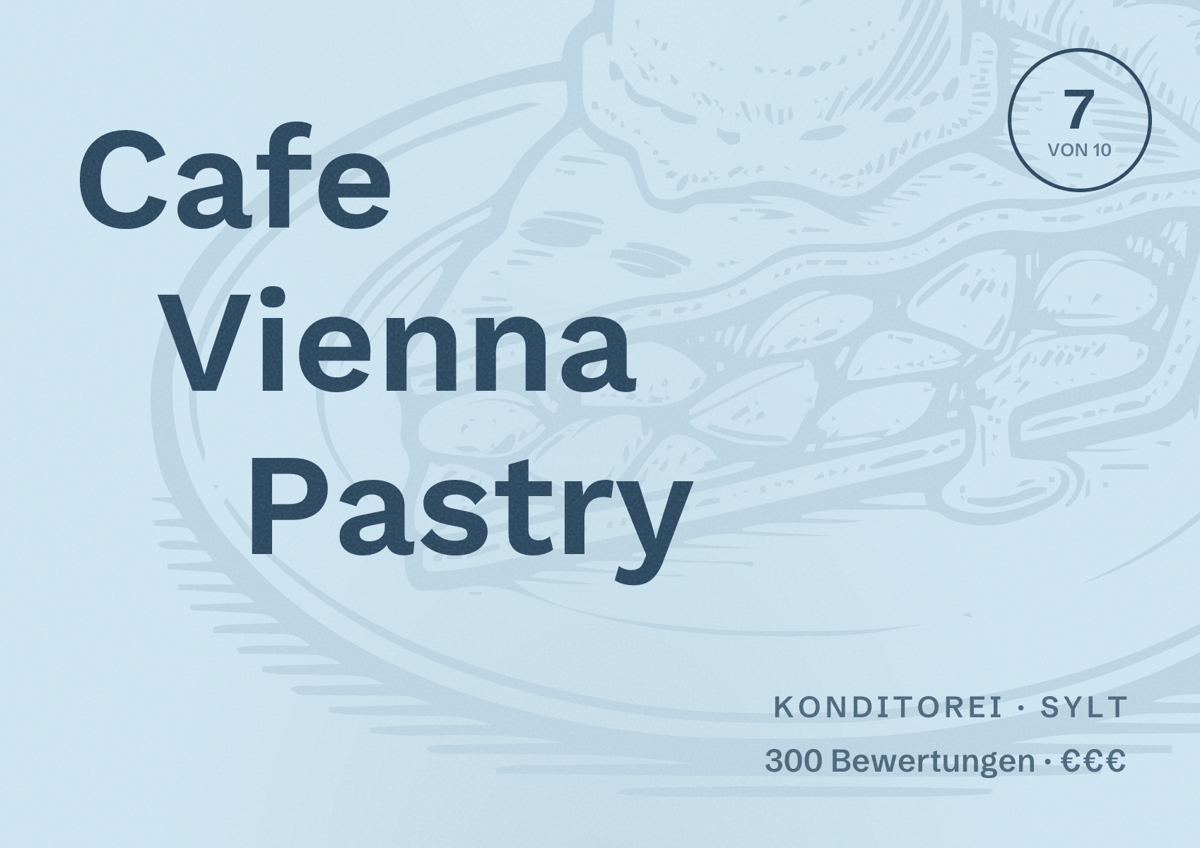 Illustriertes Poster von Cafe Vienna Pastry, Konditorei in Sylt: Bewertung 7 von 10 aus 300 Bewertungen, Preisniveau €€€