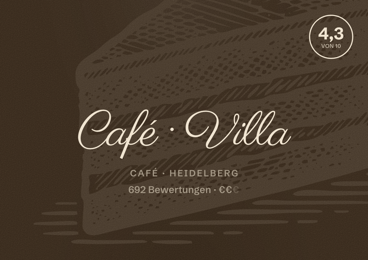 Illustriertes Poster von Café Villa, Café in Heidelberg: Bewertung 4,3 von 10 aus 692 Bewertungen, Preisniveau €€