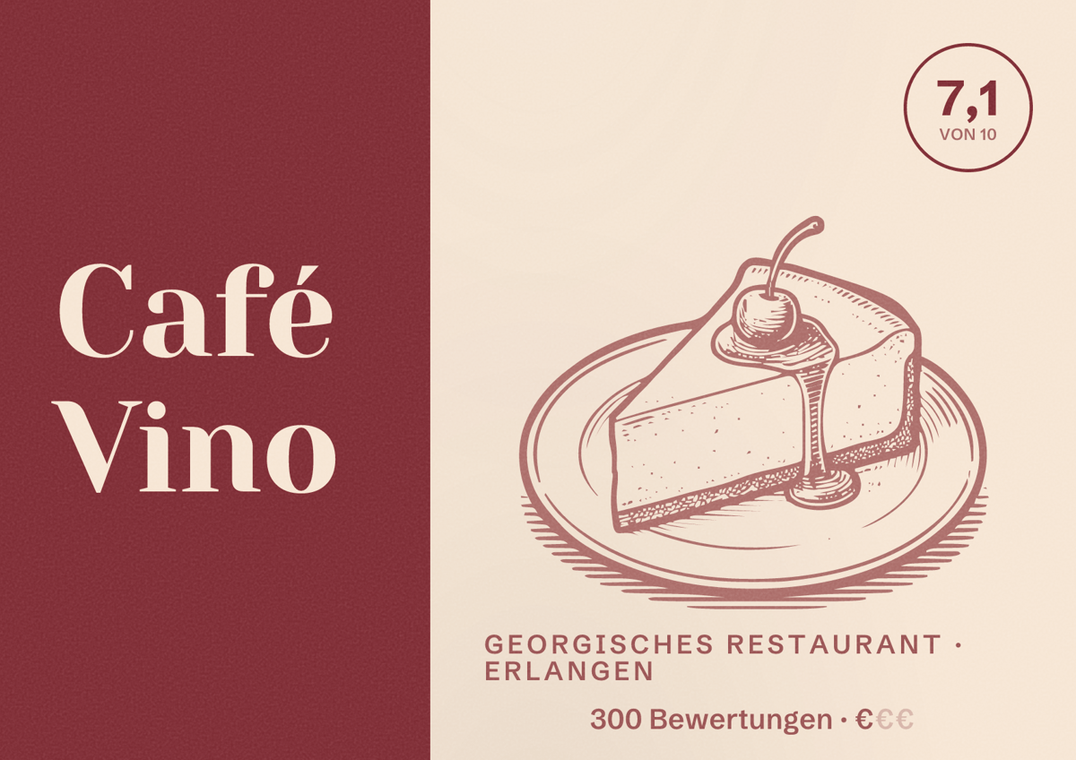Illustriertes Poster von Café Vino, Georgisches Restaurant in Erlangen: Bewertung 7,1 von 10 aus 300 Bewertungen, Preisniveau €