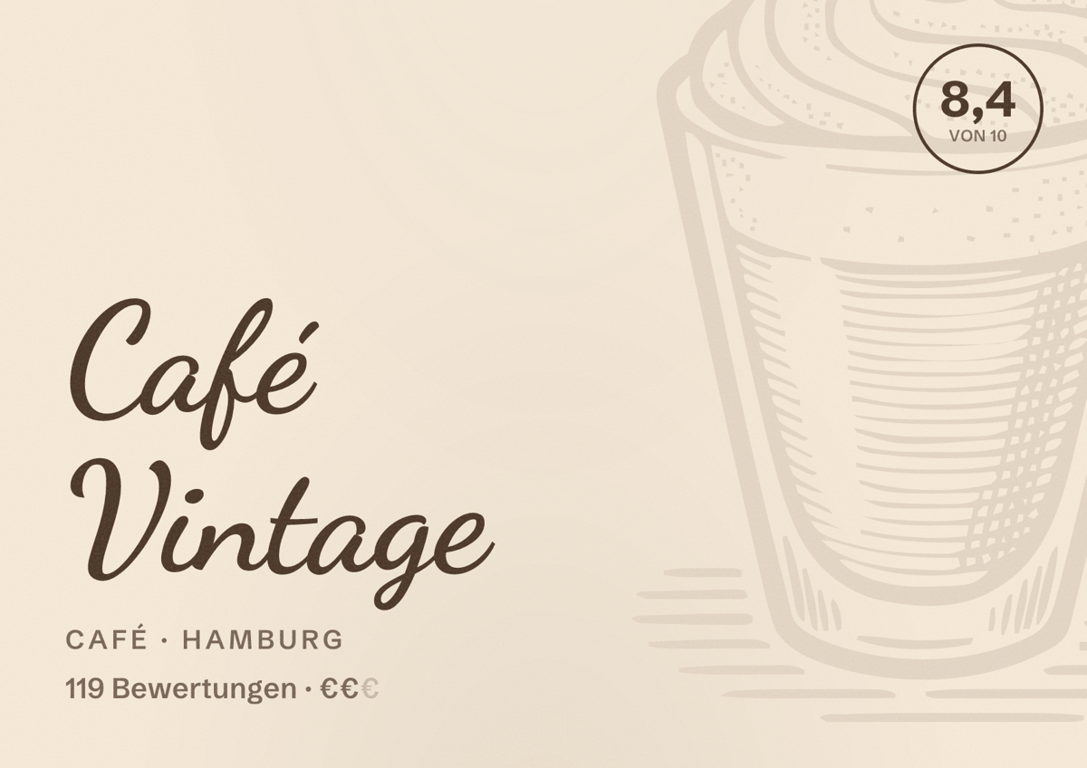 Illustriertes Poster von Café Vintage, Café in Hamburg: Bewertung 8,4 von 10 aus 119 Bewertungen, Preisniveau €€