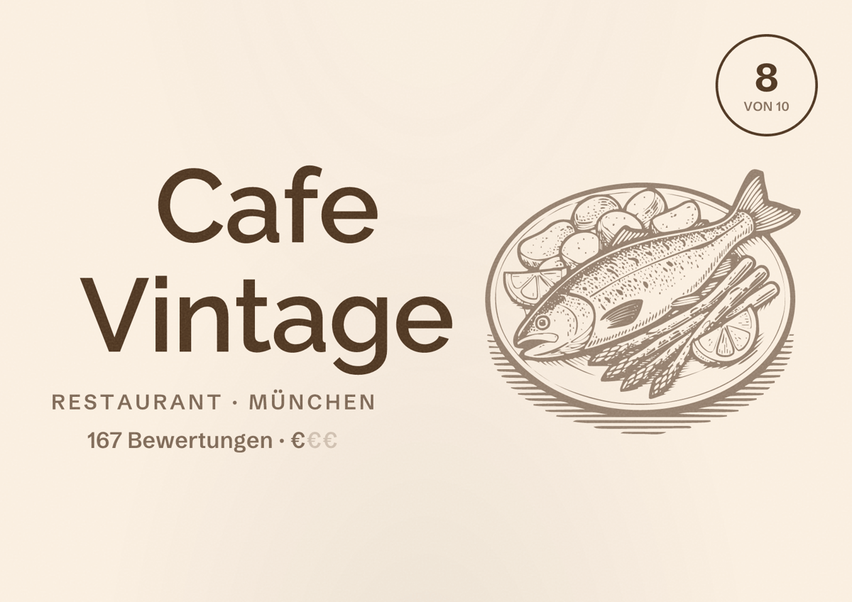 Illustriertes Poster von Cafe Vintage, Restaurant in München: Bewertung 8,0 von 10 aus 167 Bewertungen, Preisniveau €