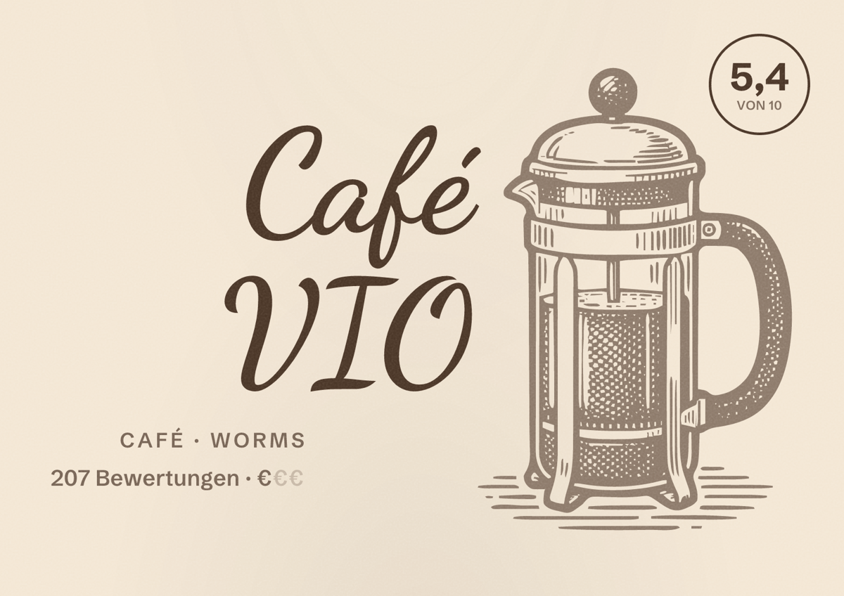 Illustriertes Poster von Café VIO, Café in Worms: Bewertung 5,4 von 10 aus 207 Bewertungen, Preisniveau €