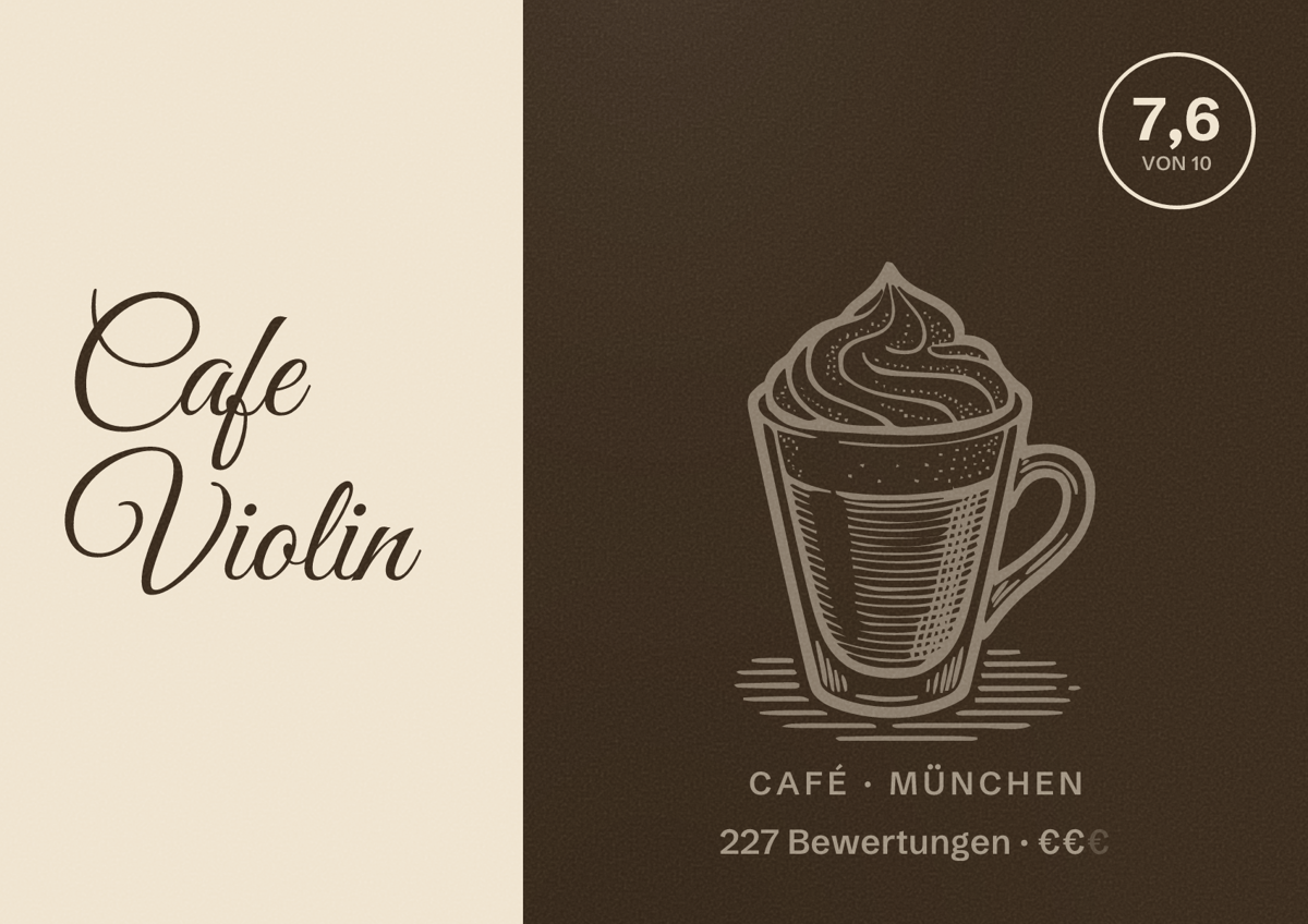 Illustriertes Poster von Cafe Violin, Café in München: Bewertung 7,6 von 10 aus 227 Bewertungen, Preisniveau €€