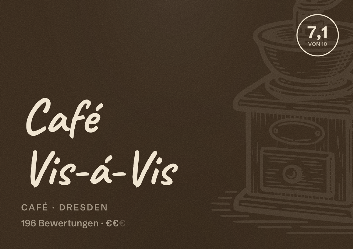 Illustriertes Poster von Café Vis-á-Vis, Café in Dresden: Bewertung 7,1 von 10 aus 196 Bewertungen, Preisniveau €€