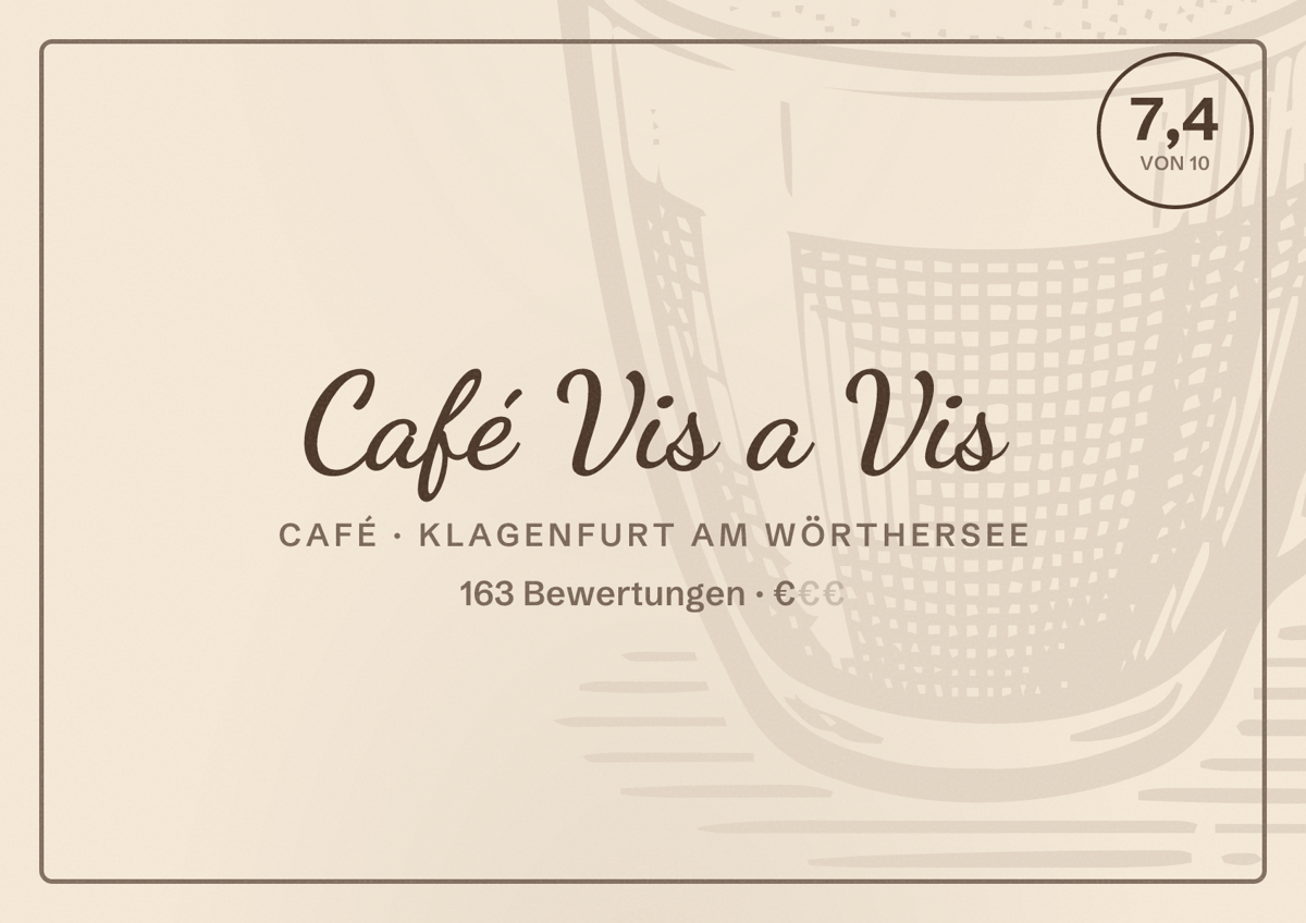 Illustriertes Poster von Café Vis a Vis, Café in Klagenfurt am Wörthersee: Bewertung 7,4 von 10 aus 163 Bewertungen, Preisniveau €