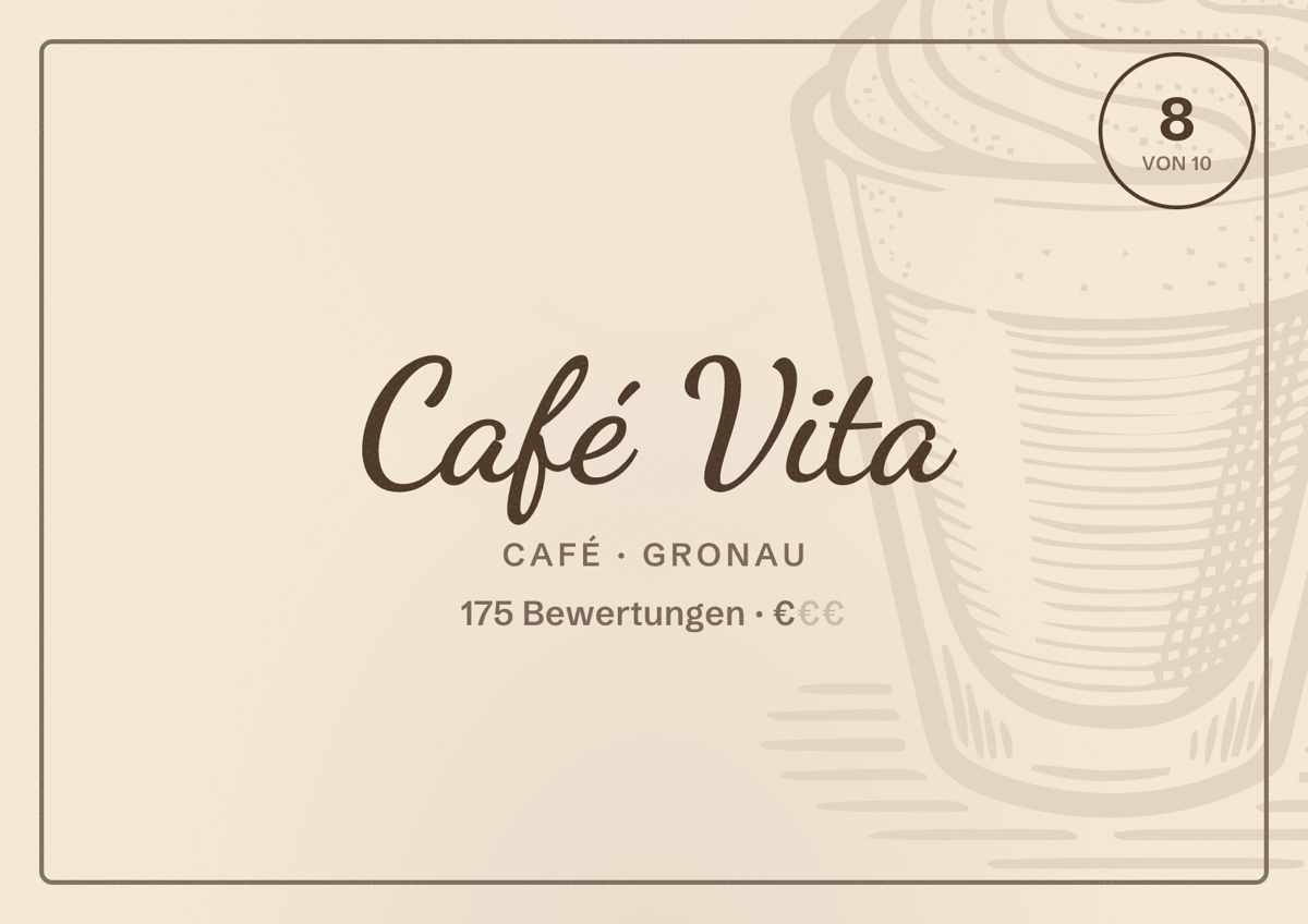 Illustriertes Poster von Café Vita, Café in Gronau: Bewertung 8 von 10 aus 175 Bewertungen, Preisniveau €
