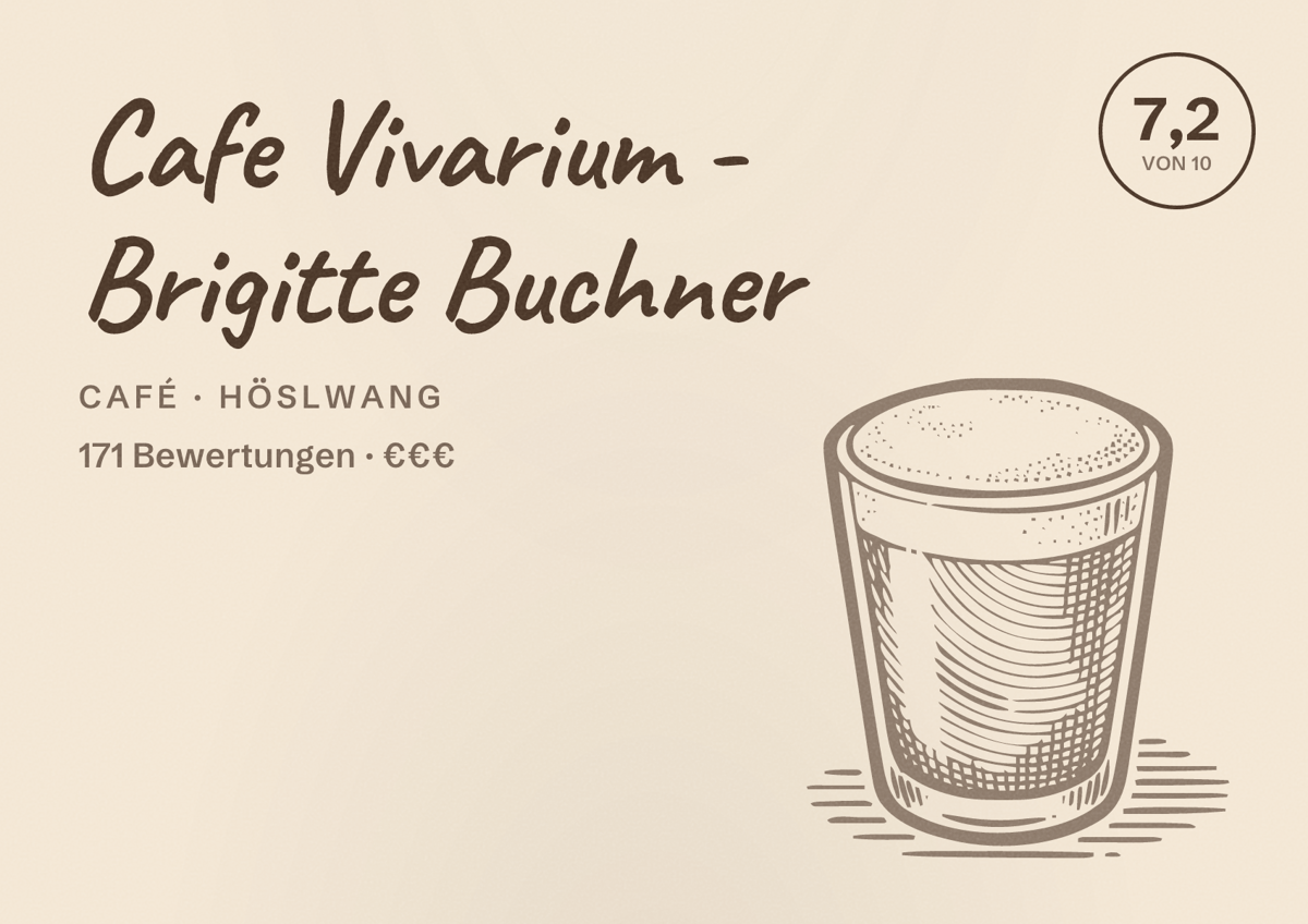 Illustriertes Poster von Cafe Vivarium - Brigitte Buchner, Café in Höslwang: Bewertung 7,2 von 10 aus 171 Bewertungen, Preisniveau €€€
