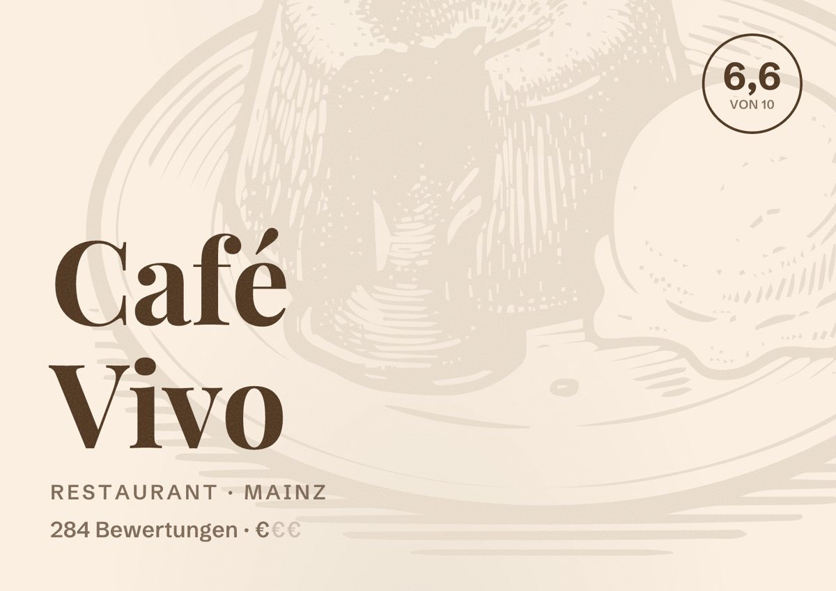 Illustriertes Poster von Café Vivo, Restaurant in Mainz: Bewertung 6,6 von 10 aus 284 Bewertungen, Preisniveau €