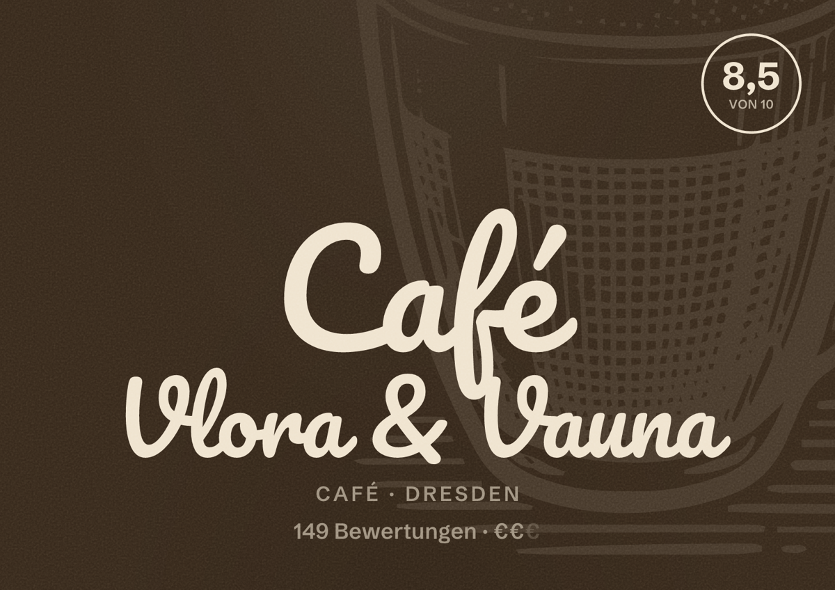 Illustriertes Poster von Café Vlora & Vauna, Café in Dresden: Bewertung 8,5 von 10 aus 149 Bewertungen, Preisniveau €€