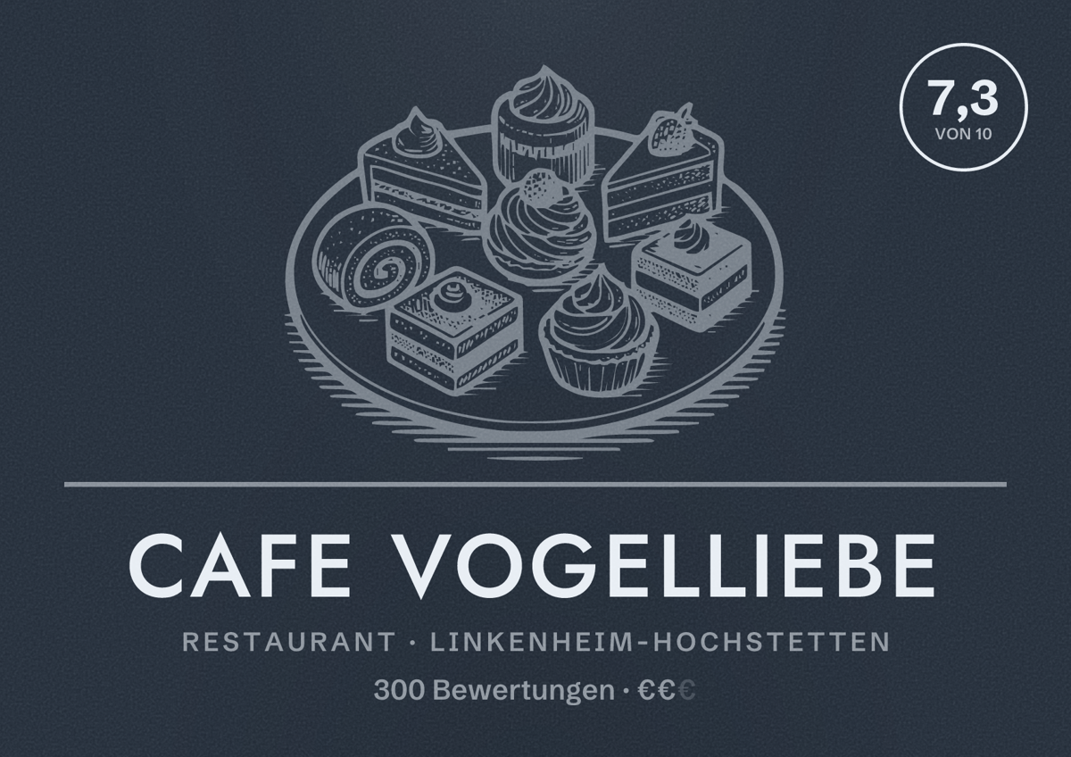 Illustriertes Poster von Cafe Vogelliebe, Restaurant in Linkenheim-Hochstetten: Bewertung 7,3 von 10 aus 300 Bewertungen, Preisniveau €€