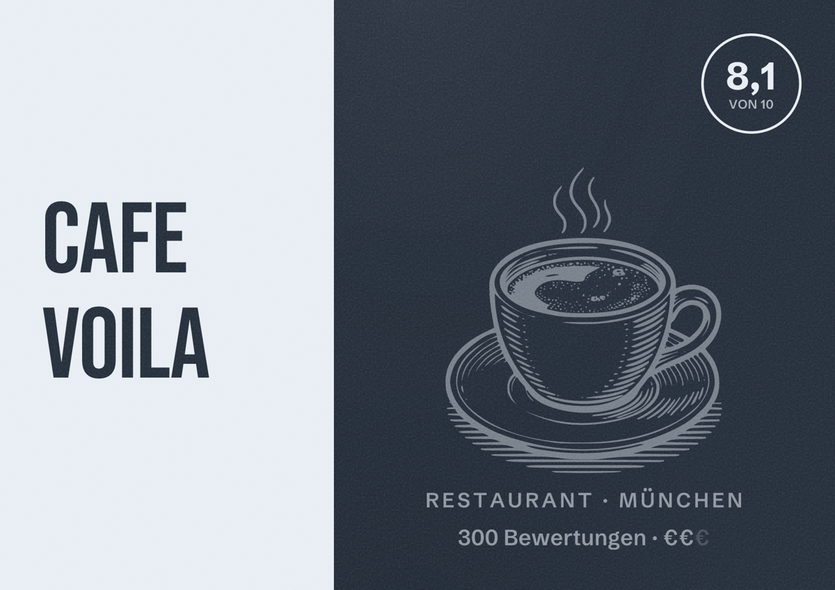 Illustriertes Poster von Cafe Voila, Restaurant in München: Bewertung 8,1 von 10 aus 300 Bewertungen, Preisniveau €€