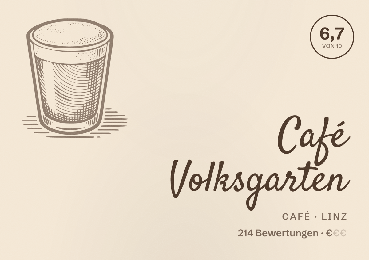 Illustriertes Poster von Café Volksgarten, Café in Linz: Bewertung 6,7 von 10 aus 214 Bewertungen, Preisniveau €