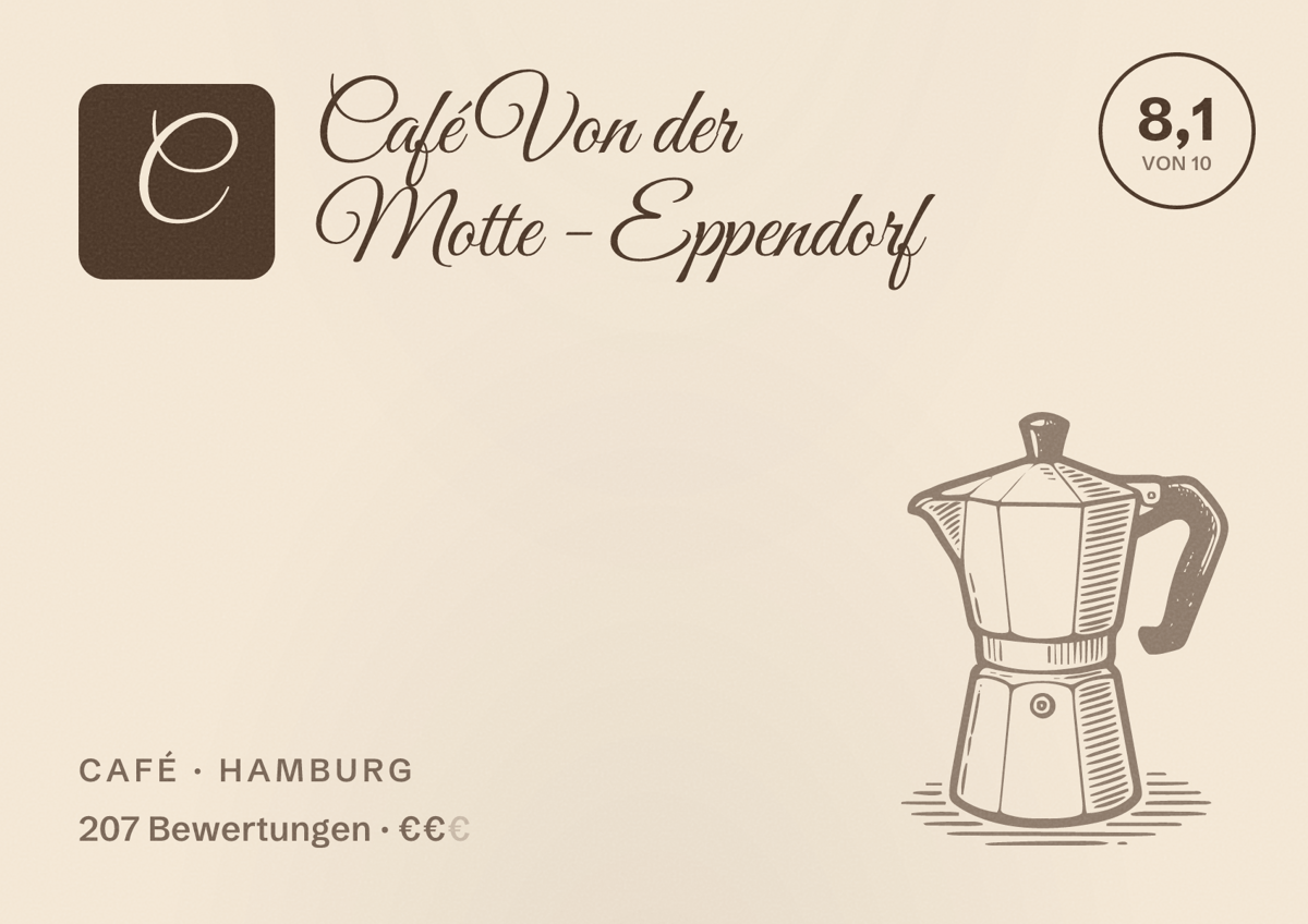 Illustriertes Poster von Café Von der Motte - Eppendorf, Café in Hamburg: Bewertung 8,1 von 10 aus 207 Bewertungen, Preisniveau €€