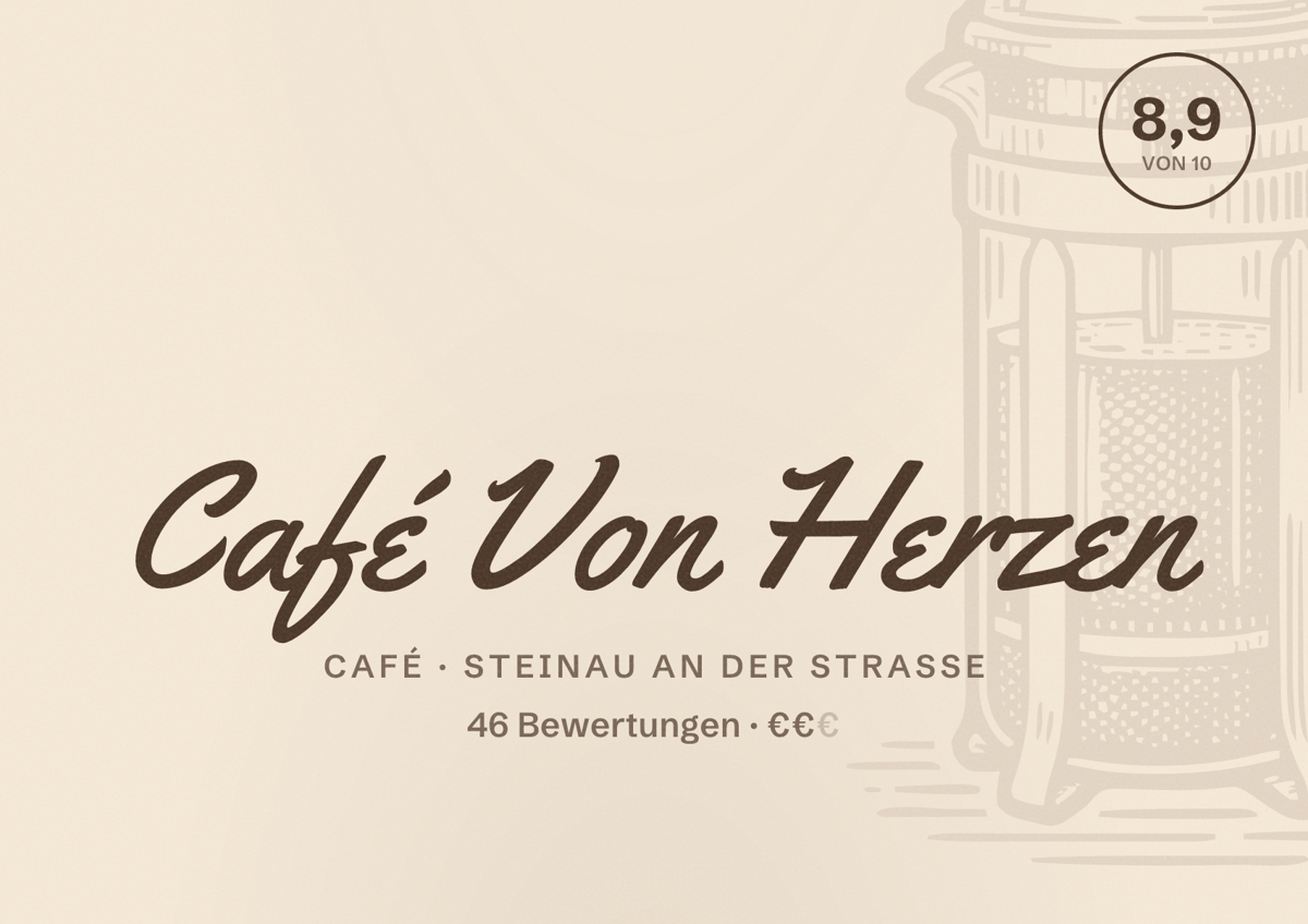 Illustriertes Poster von Café Von Herzen, Café in Steinau an der Straße: Bewertung 8,9 von 10 aus 46 Bewertungen, Preisniveau €€