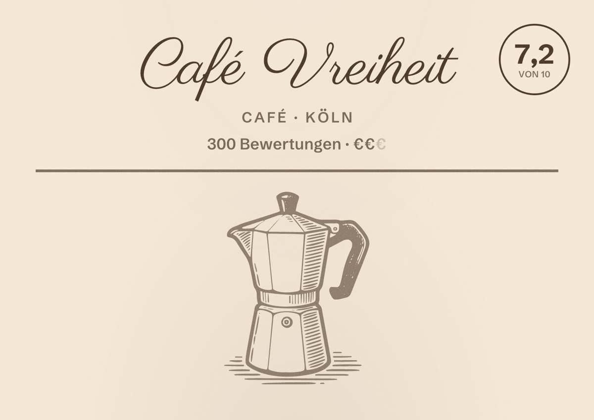 Illustriertes Poster von Café Vreiheit, Café in Köln: Bewertung 7,2 von 10 aus 300 Bewertungen, Preisniveau €€