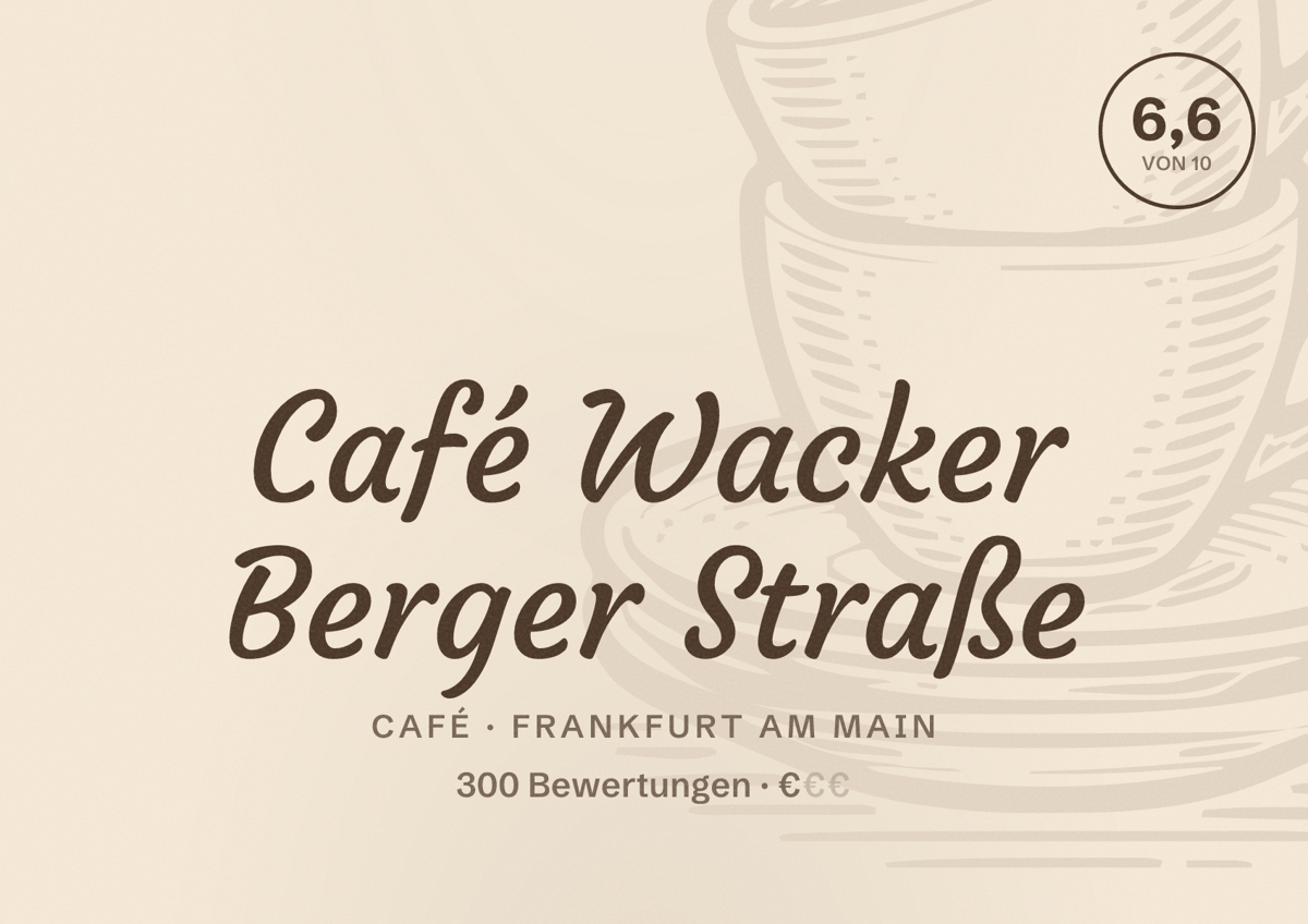 Illustriertes Poster von Café Wacker Berger Straße, Café in Frankfurt am Main: Bewertung 6,6 von 10 aus 300 Bewertungen, Preisniveau €