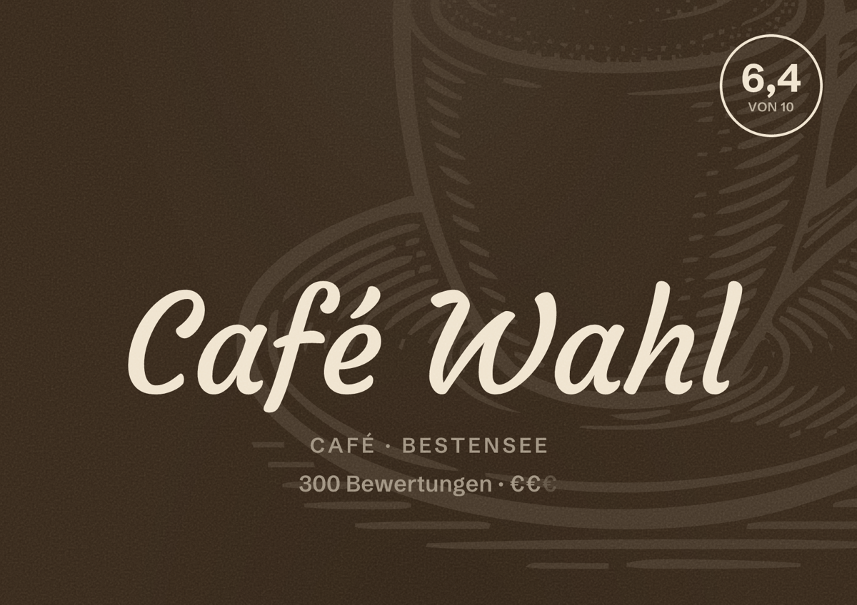 Illustriertes Poster von Café Wahl, Café in Bestensee: Bewertung 6,4 von 10 aus 300 Bewertungen, Preisniveau €€