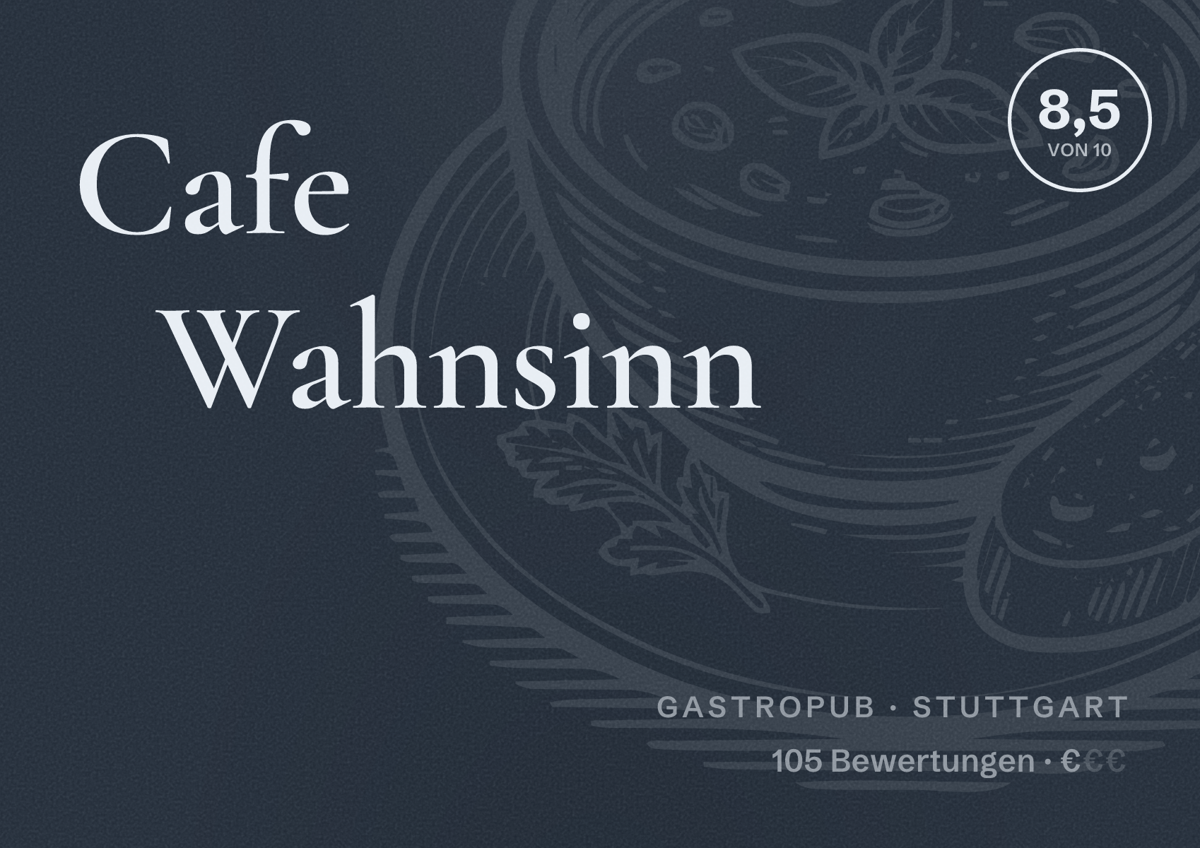 Illustriertes Poster von Cafe Wahnsinn, Gastropub in Stuttgart: Bewertung 8,5 von 10 aus 105 Bewertungen, Preisniveau €