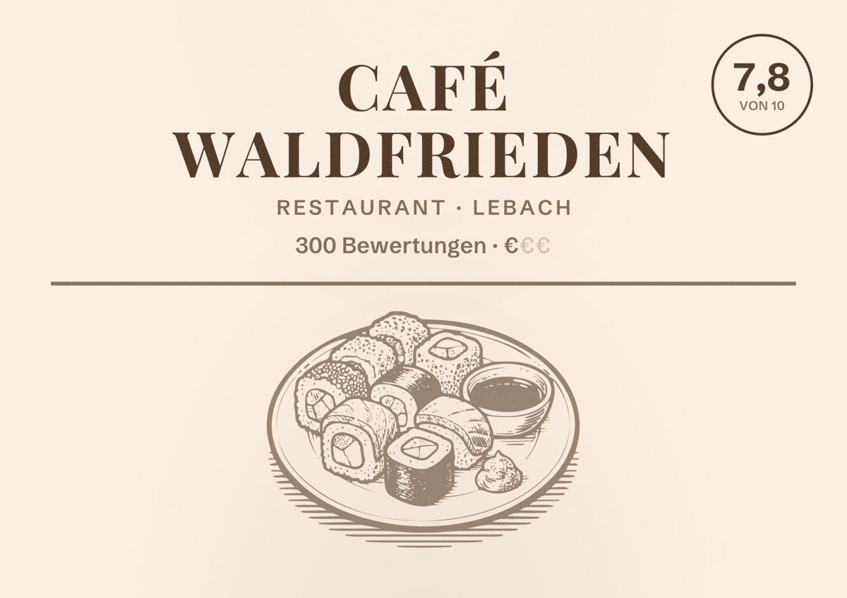 Illustriertes Poster von Café Waldfrieden, Restaurant in Lebach: Bewertung 7,8 von 10 aus 300 Bewertungen, Preisniveau €