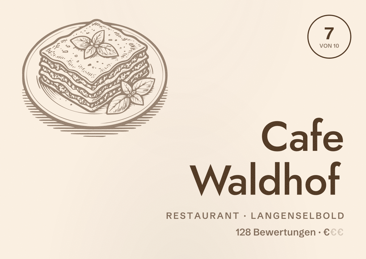 Illustriertes Poster von Cafe Waldhof, Restaurant in Langenselbold: Bewertung 7 von 10 aus 128 Bewertungen, Preisniveau €
