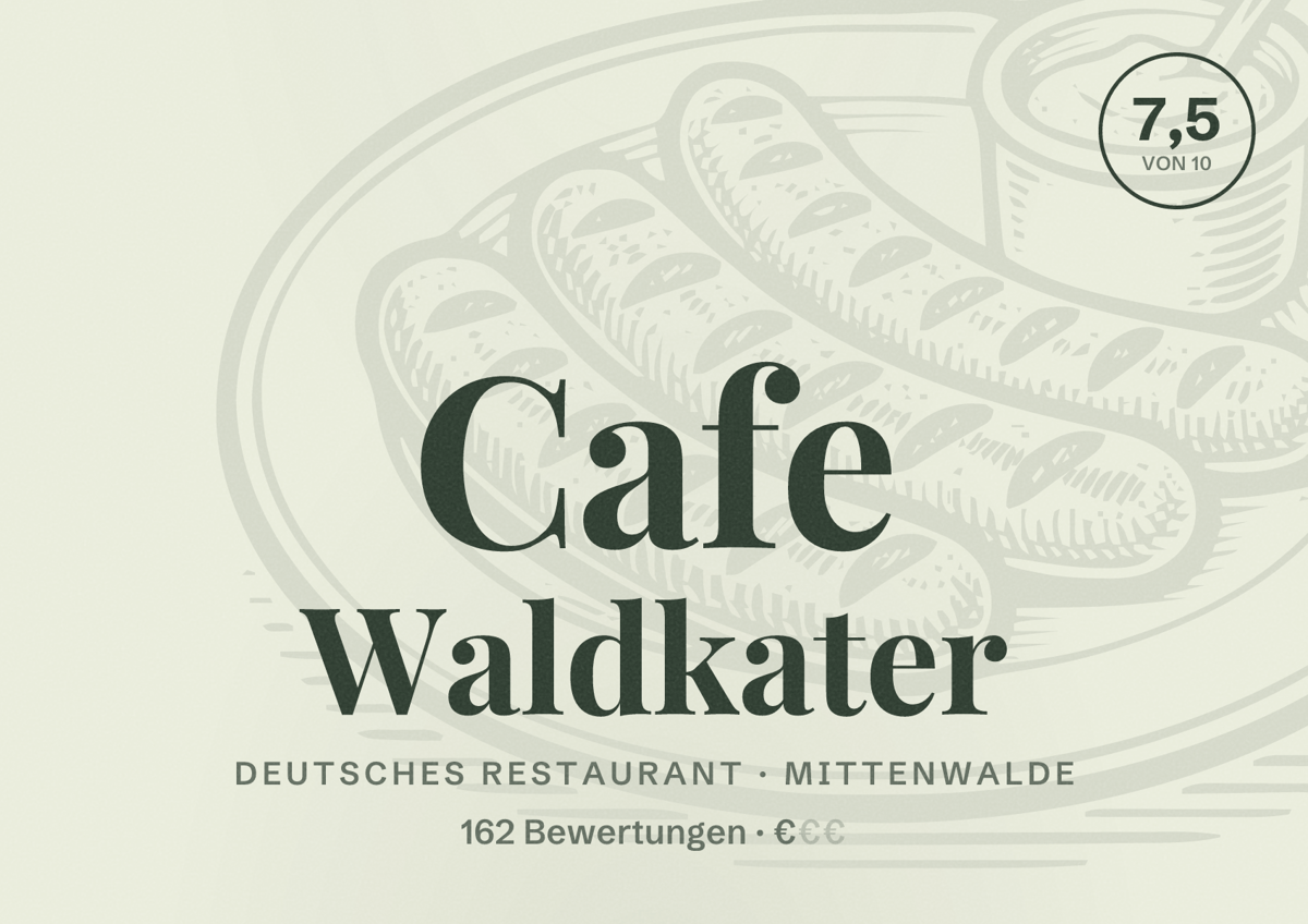 Illustriertes Poster von Cafe Waldkater, Deutsches Restaurant in Mittenwalde: Bewertung 7,5 von 10 aus 162 Bewertungen, Preisniveau €