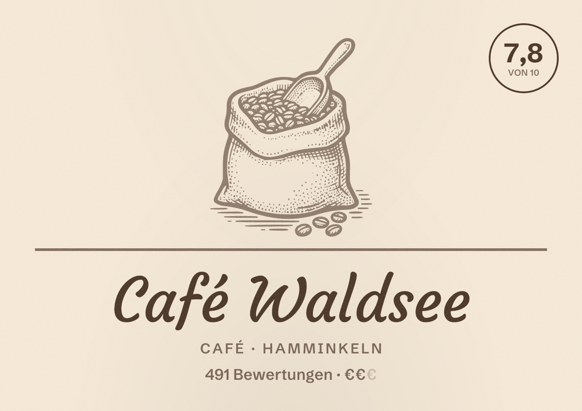 Illustriertes Poster von Café Waldsee, Café in Hamminkeln: Bewertung 7,8 von 10 aus 491 Bewertungen, Preisniveau €€