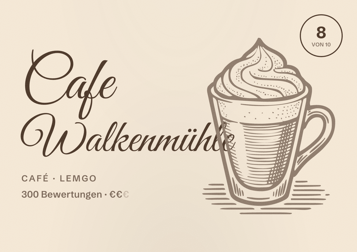 Illustriertes Poster von Cafe Walkenmühle, Café in Lemgo: Bewertung 8 von 10 aus 300 Bewertungen, Preisniveau €€