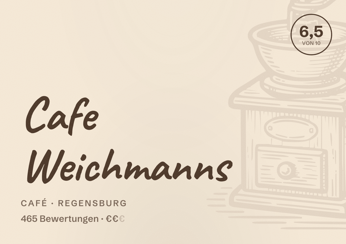Illustriertes Poster von Cafe Weichmanns, Café in Regensburg: Bewertung 6,5 von 10 aus 465 Bewertungen, Preisniveau €€