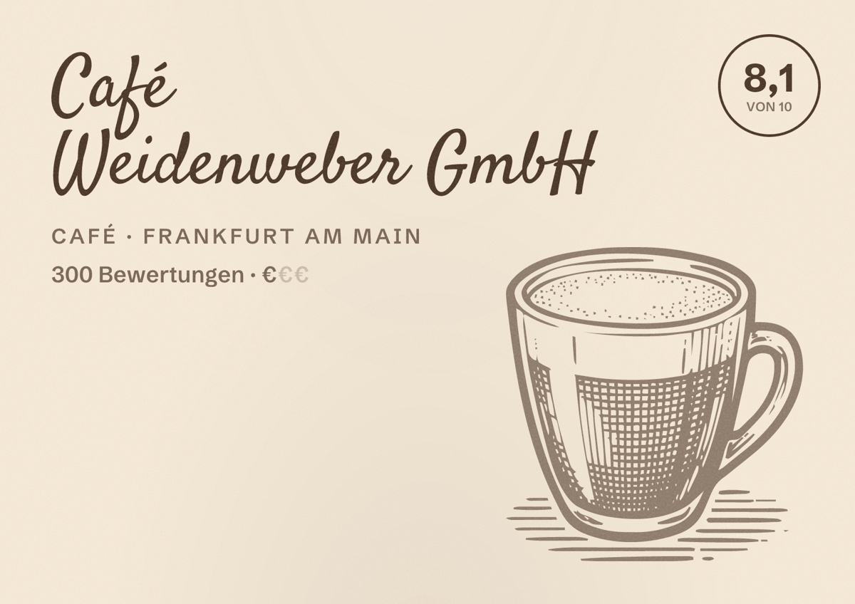 Illustriertes Poster von Café Weidenweber GmbH, Café in Frankfurt am Main: Bewertung 8,1 von 10 aus 300 Bewertungen, Preisniveau €