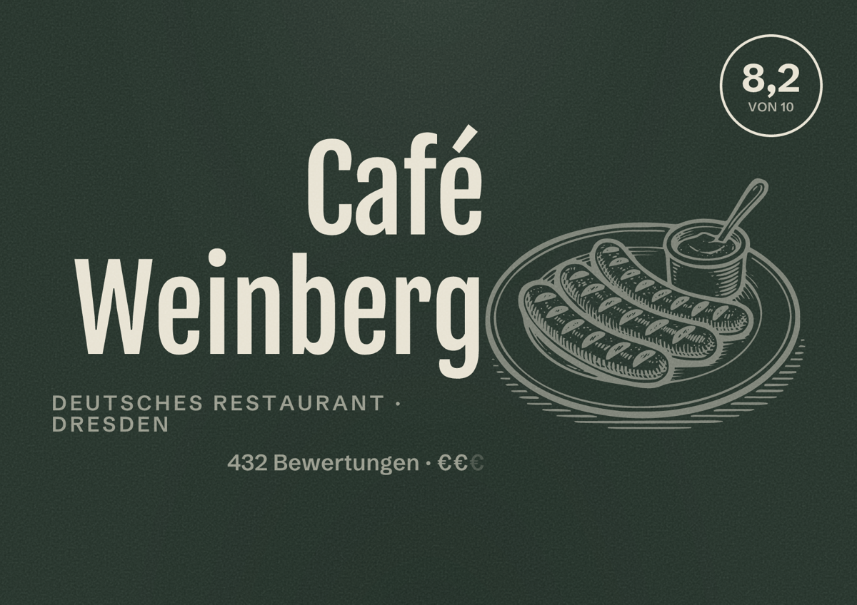 Illustriertes Poster von Café Weinberg, Deutsches Restaurant in Dresden: Bewertung 8,2 von 10 aus 432 Bewertungen, Preisniveau €€