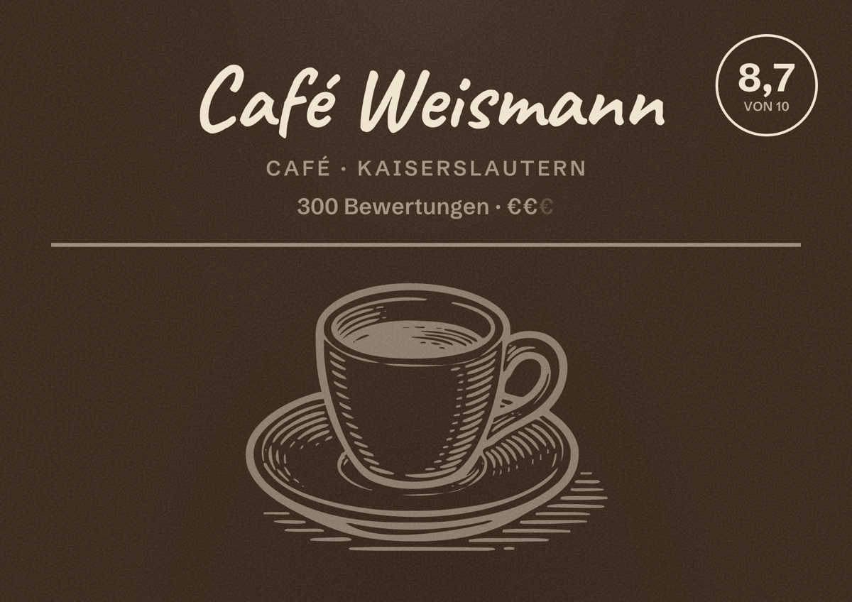 Illustriertes Poster von Café Weismann, Café in Kaiserslautern: Bewertung 8,7 von 10 aus 300 Bewertungen, Preisniveau €€