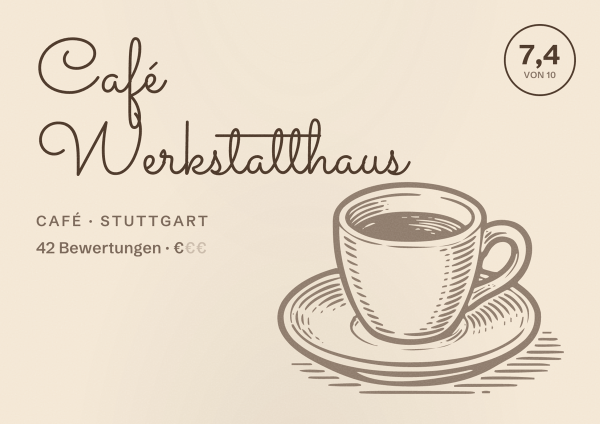 Illustriertes Poster von Café Werkstatthaus, Café in Stuttgart: Bewertung 7,4 von 10 aus 42 Bewertungen, Preisniveau €