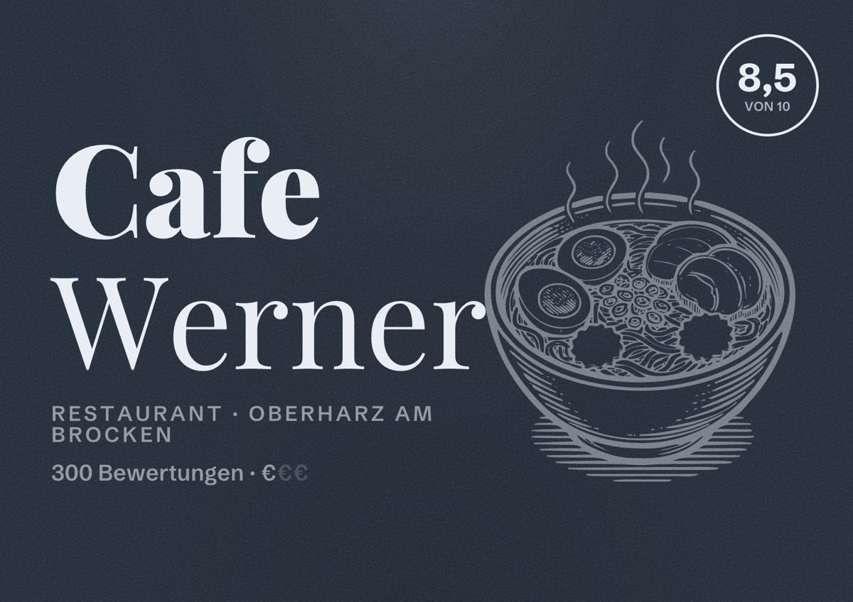 Illustriertes Poster von Cafe Werner, Restaurant in Oberharz am Brocken: Bewertung 8,5 von 10 aus 300 Bewertungen, Preisniveau €
