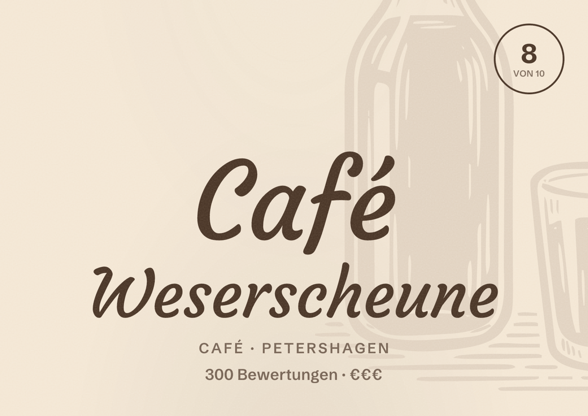 Illustriertes Poster von Café Weserscheune, Café in Petershagen: Bewertung 8 von 10 aus 300 Bewertungen, Preisniveau €€€