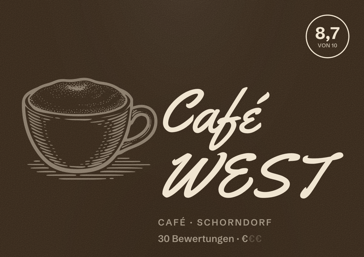 Illustriertes Poster von Café WEST, Café in Schorndorf: Bewertung 8,7 von 10 aus 30 Bewertungen, Preisniveau €