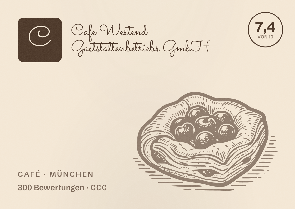 Illustriertes Poster von Cafe Westend Gaststättenbetriebs GmbH, Café in München: Bewertung 7,4 von 10 aus 300 Bewertungen, Preisniveau €€€