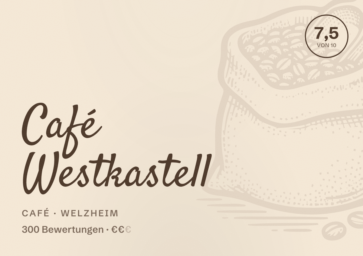 Illustriertes Poster von Café Westkastell, Café in Welzheim: Bewertung 7,5 von 10 aus 300 Bewertungen, Preisniveau €€