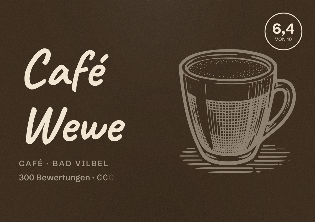 Illustriertes Poster von Café Wewe, Café in Bad Vilbel: Bewertung 6,4 von 10 aus 300 Bewertungen, Preisniveau €€