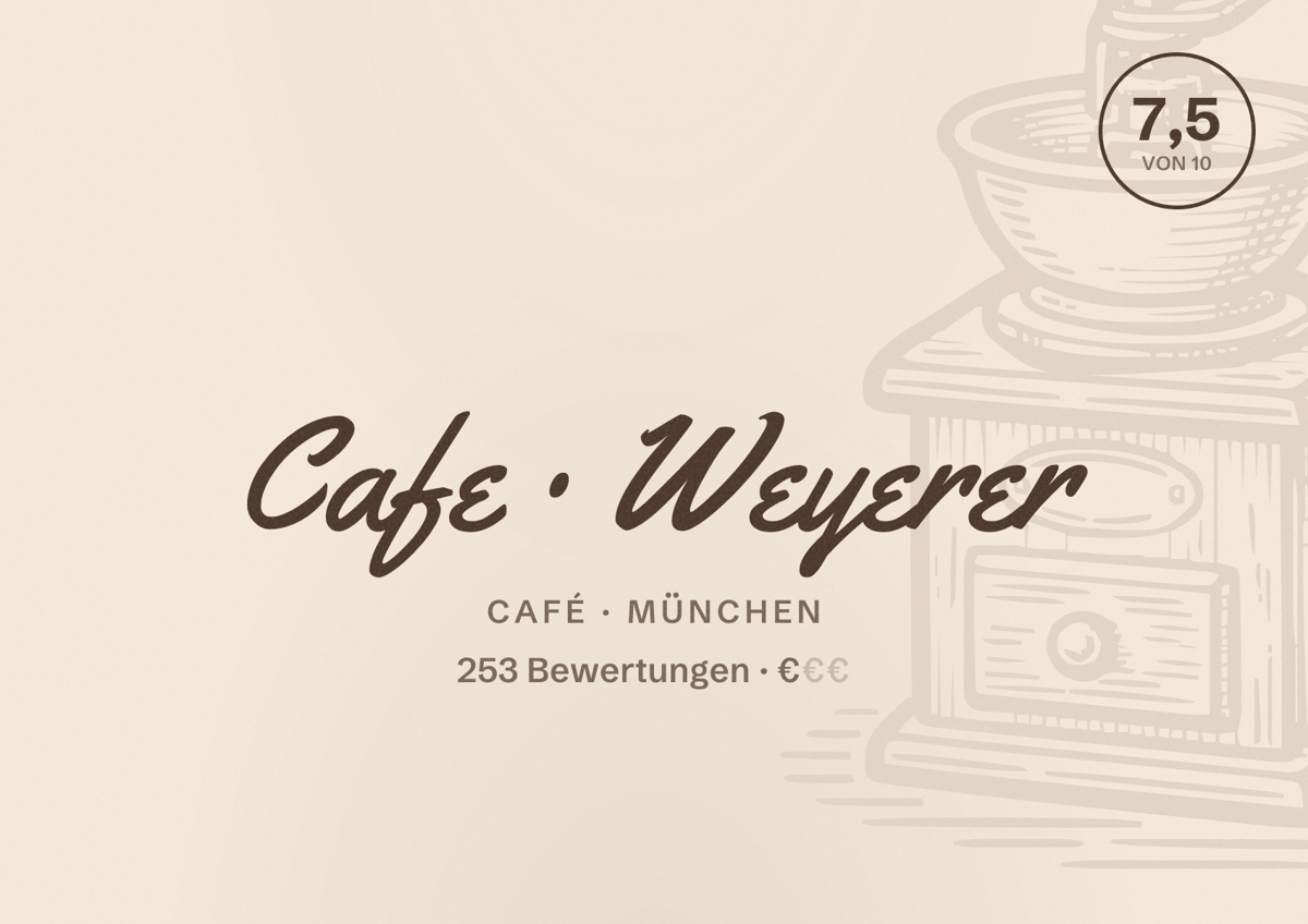 Illustriertes Poster von Cafe Weyerer, Café in München: Bewertung 7,5 von 10 aus 253 Bewertungen, Preisniveau €