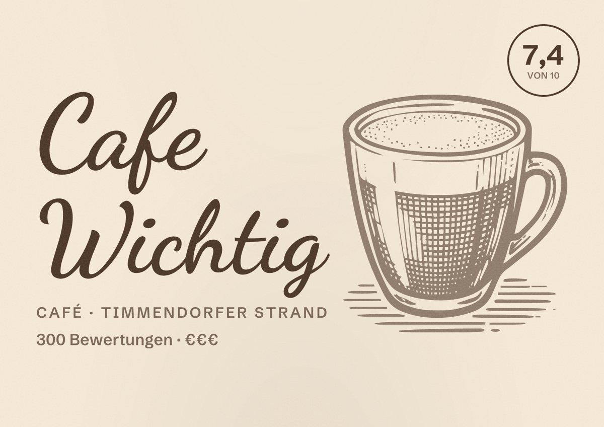 Illustriertes Poster von Cafe Wichtig, Café in Timmendorfer Strand: Bewertung 7,4 von 10 aus 300 Bewertungen, Preisniveau €€€