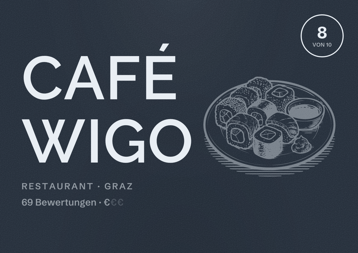 Illustriertes Poster von Café Wigo, Restaurant in Graz: Bewertung 8 von 10 aus 69 Bewertungen, Preisniveau €