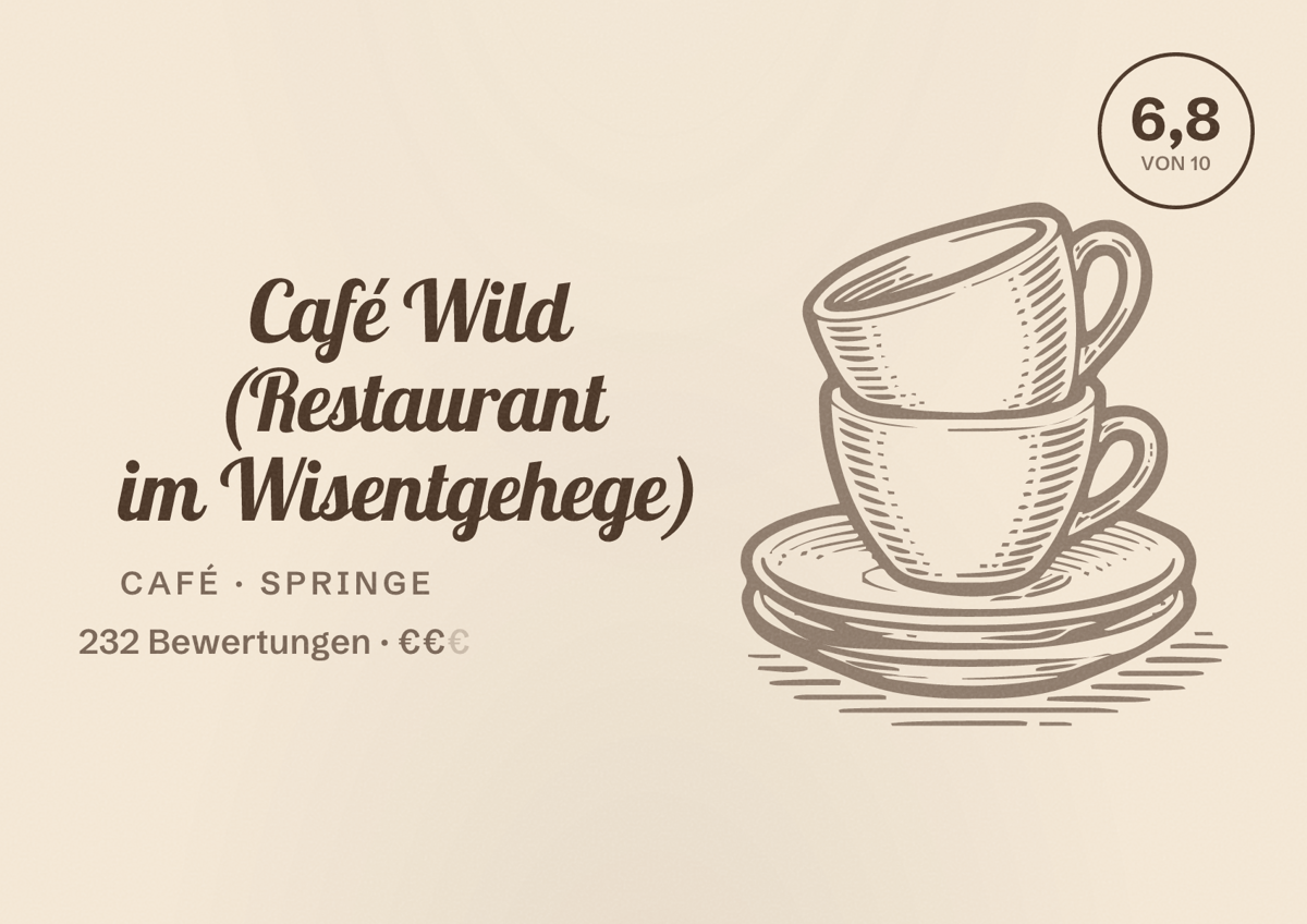 Illustriertes Poster von Café Wild (Restaurant im Wisentgehege), Café in Springe: Bewertung 6,8 von 10 aus 232 Bewertungen, Preisniveau €€