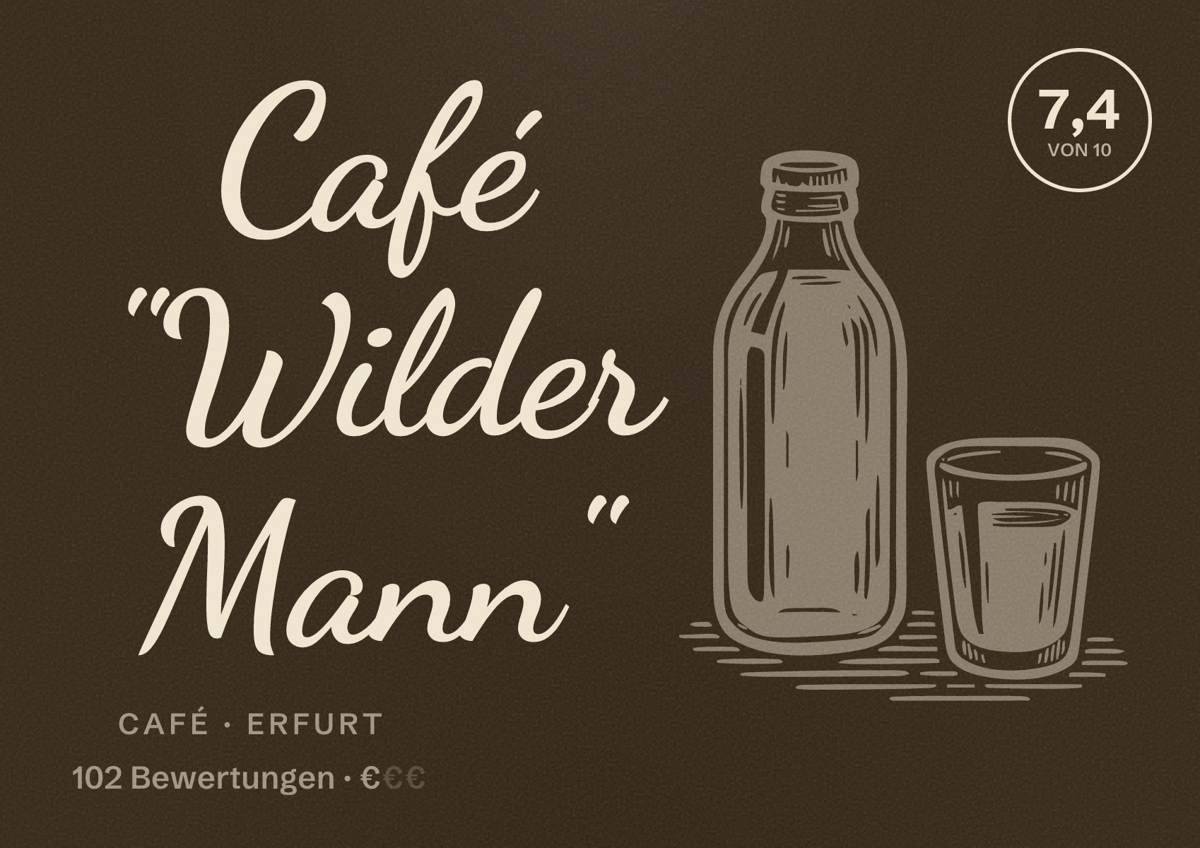 Illustriertes Poster von Café "Wilder Mann", Café in Erfurt: Bewertung 7,4 von 10 aus 102 Bewertungen, Preisniveau €