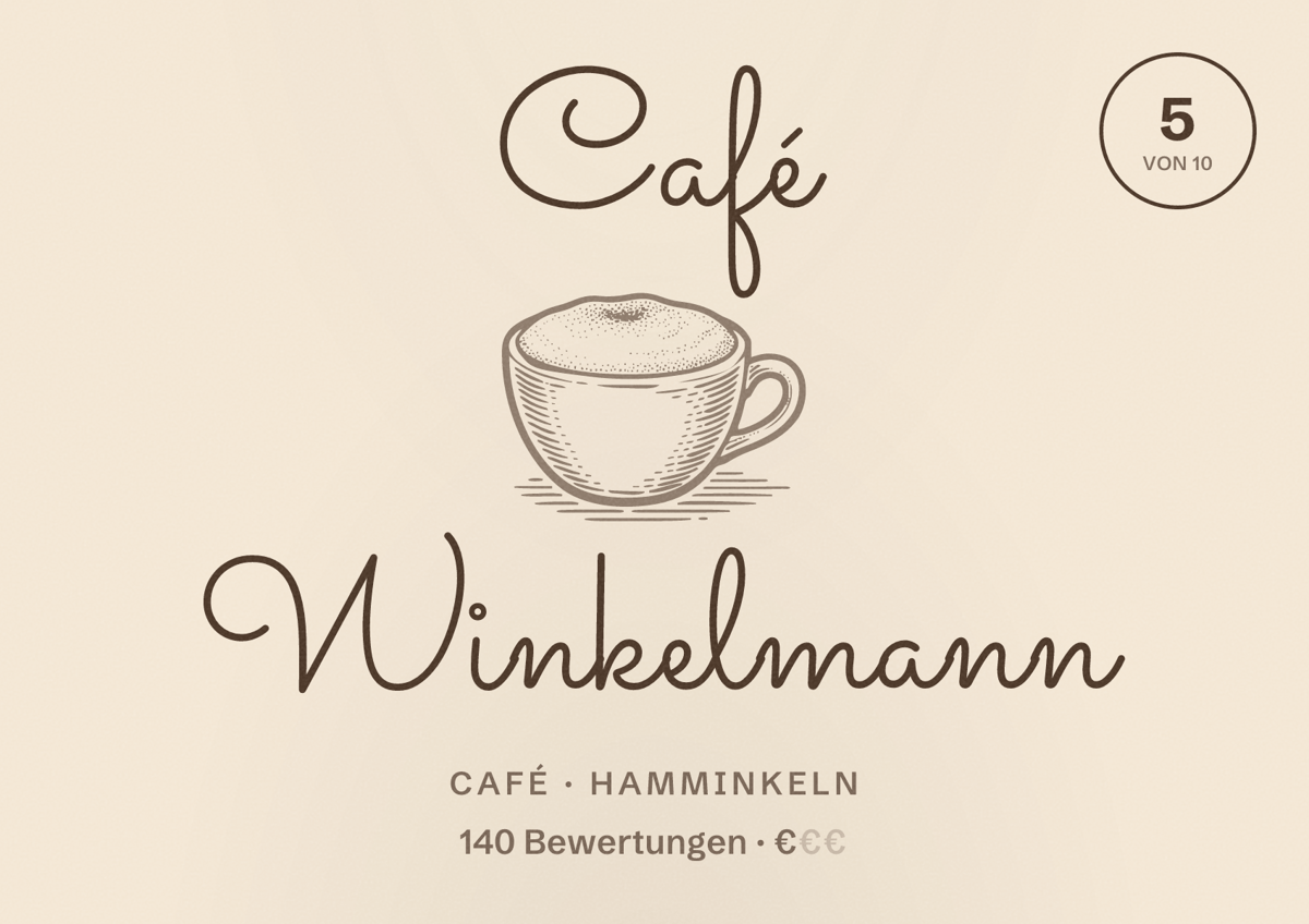 Illustriertes Poster von Café Winkelmann, Café in Hamminkeln: Bewertung 5 von 10 aus 140 Bewertungen, Preisniveau €