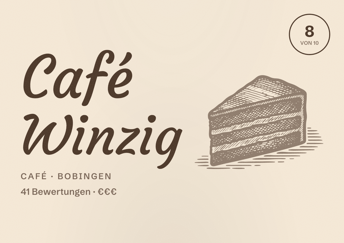 Illustriertes Poster von Café Winzig, Café in Bobingen: Bewertung 8 von 10 aus 41 Bewertungen, Preisniveau €€€